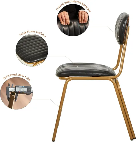 Vista 5 de Juego de 2 sillas de comedor modernas de mediados de siglo, sillas retro con asiento/respaldos tapizados de piel sintética y patas de metal Negro