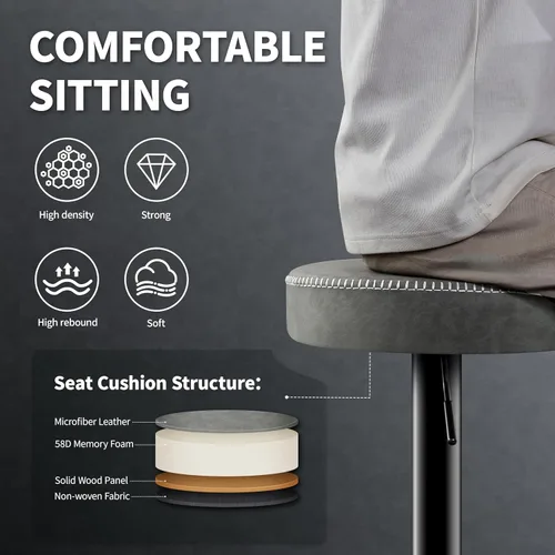 Vista 4 de STOOLINK Juego de 2 taburetes de bar ajustables sin respaldo de cocina con asiento redondo, taburetes de bar giratorios de 360° de altura de Gris