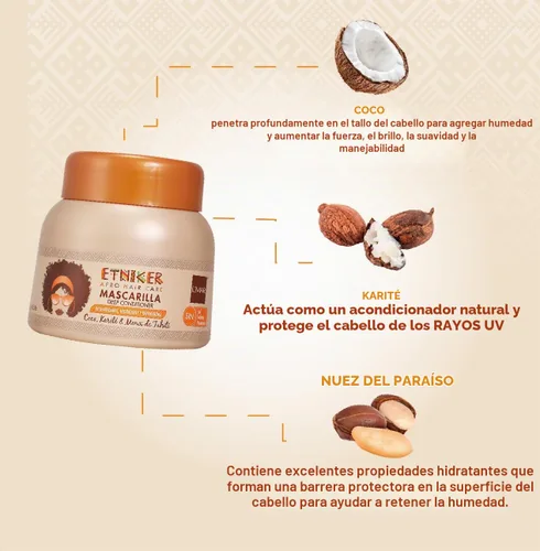 Vista 3 de ETNIKER - Mascarilla para el cabello rizado, ondulado y afro (2A-4C) - Tratamiento hidratante sin sulfatos con aceite de coco, manteca de karité