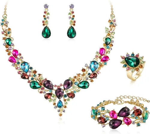 Vista 8 de BriLove - Juego de joyas de boda con cristales austriacos, collar, aretes y pulsera para mujer 01-Tono plateado transparente