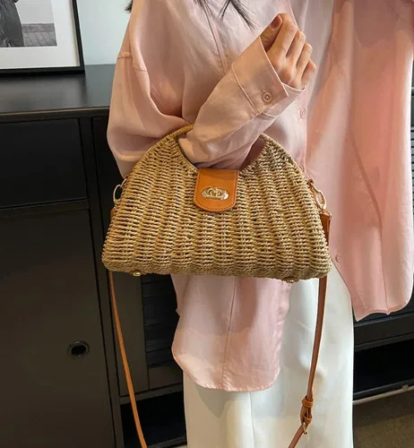 Vista 6 de Bolso cruzado de paja para mujer, tejido a mano, bolso de mano de ratán con asa superior de paja, bolso de hombro para playa de verano, bolso