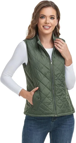 Vista 2 de LONGKING Chaleco para mujer con un bolsillo interior, cuello alto, ligero, acolchado, con cremallera, para mujer