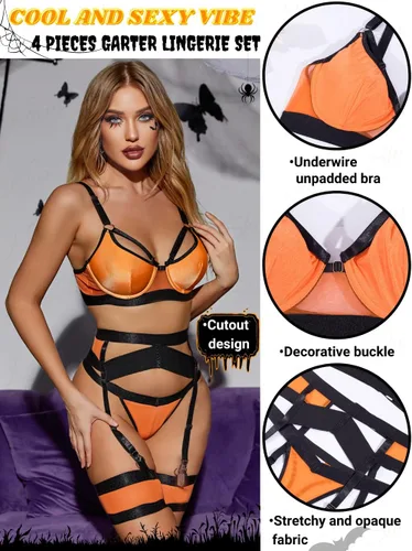 Vista 123 de Kaei&Shi - Lencería con liguero para mujer, conjunto de encaje traslúcido y sexy de 4 piezas combinadas