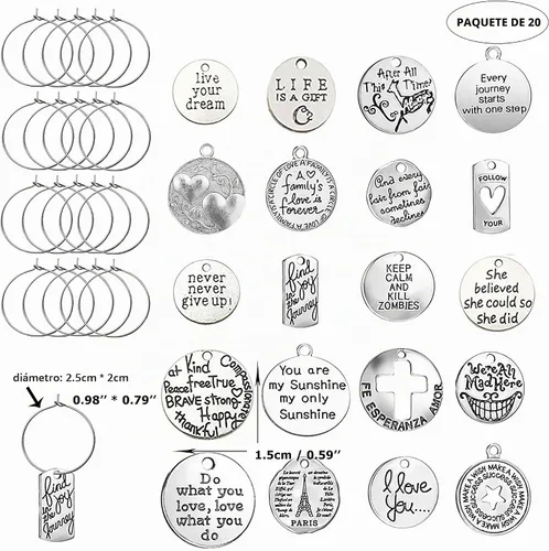 Vista 2 de 20 piezas de dijes para copas de vino, marcadores de bebida con texto de inspiración y temática de cáliz con diseño de hebilla para vino, cóctel