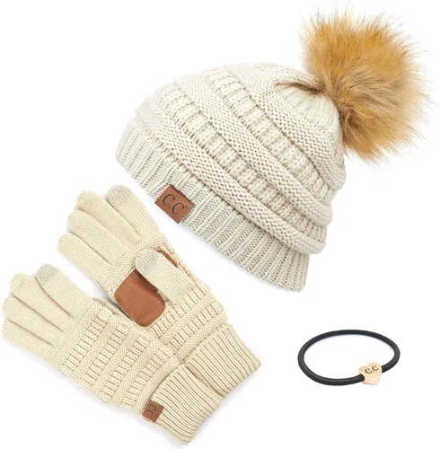 Vista 44 de Gorro unisex liso con pompón y ribete (HAT-43) de C.C Hatsandscarf Exclusives Marfil