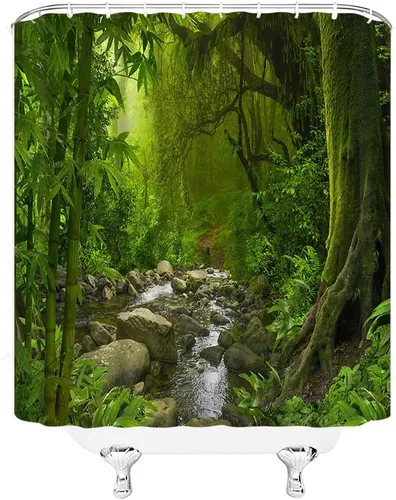 Vista 3 de Cortina de ducha de selva tropical, verde selva, bosque, arroyo, plantas exóticas, naturaleza primitiva, naturaleza, paisaje botánico, decoración