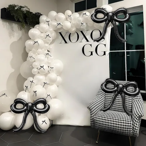 Vista 7 de 2 piezas de decoraciones de cumpleaños con lazo, globos de lazo negro, decoraciones de fiesta con lazo, globo gigante de papel de aluminio