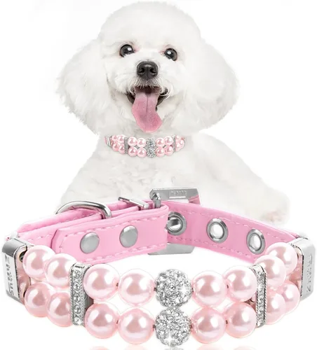 Vista 9 de HOWWFALY Collares de perlas para perros y gatos con diamantes de imitación de cristal, collar de piel sintética, collar ajustable para perros