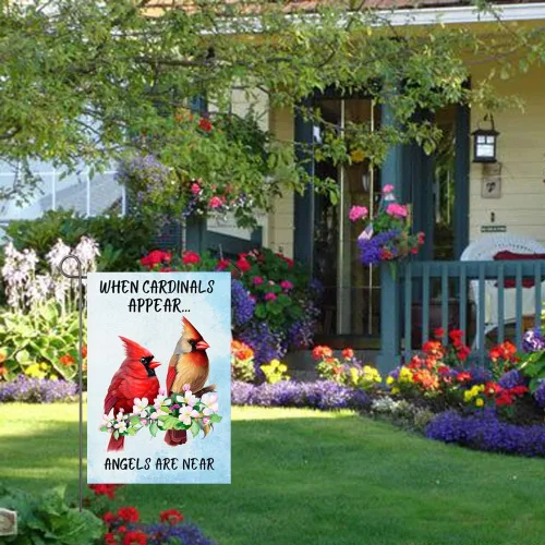 Vista 6 de Bandera de jardín cardenal When Cardinals Appear Angels Are Near Memorial Yard Flag 12x18 pulgadas de doble cara floral de pájaros rojos bandera