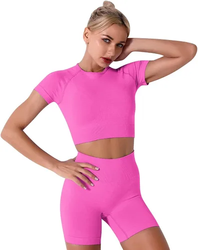 Vista 2 de IDOPIP Conjuntos de entrenamiento para mujer, 2 piezas, traje de yoga, brasier deportivo sin costuras, top corto + leggings de cintura alta