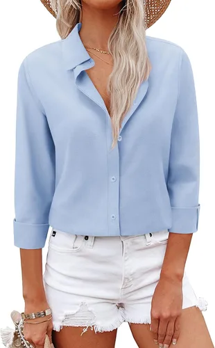 Vista 16 de Camisas con botones para mujer, camisas de vestir, trajes casuales de negocios, blusa ajustada con cuello, entrevista de trabajo, atuendo de oficina