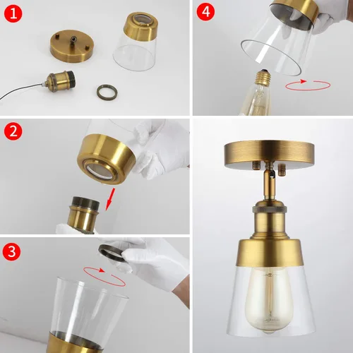 Vista 5 de Fivess Lighting Lámpara de techo semiempotrada de cristal transparente de color dorado antiguo para pasillo, baño, entrada, cocina, granja