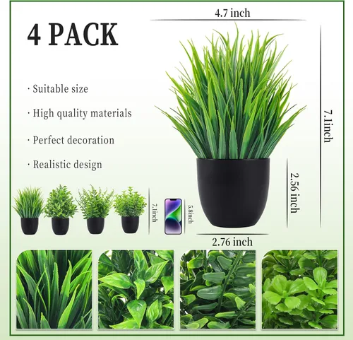 Vista 3 de Der Rose Plantas falsas, 4 paquetes de plantas artificiales, pequeñas plantas falsas, accesorios de baño negros para Halloween, baño, hogar, cocina