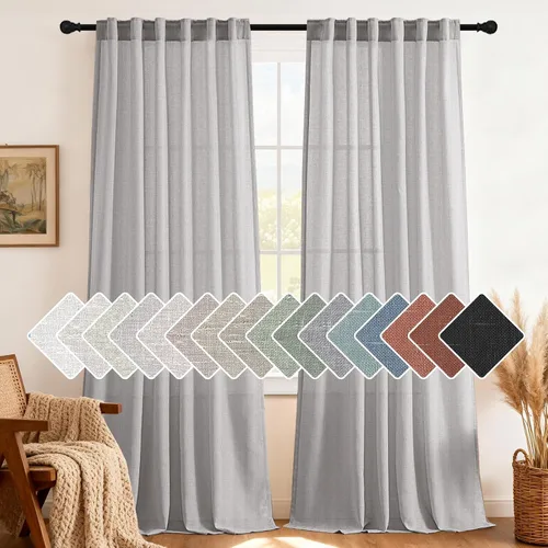 Vista 8 de H.VERSAILTEX Cortinas de lino natural de 63 pulgadas de largo para sala de estar, 2 paneles con trabillas traseras y bolsillo, texturizadas