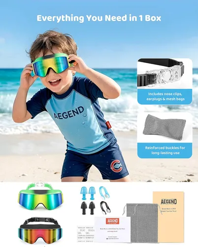 Vista 6 de Aegend Paquete de 2 gafas de natación para niños, marco grande, antivaho, silicona suave, a prueba de fugas, protección UV para niños y niñas de 3 a