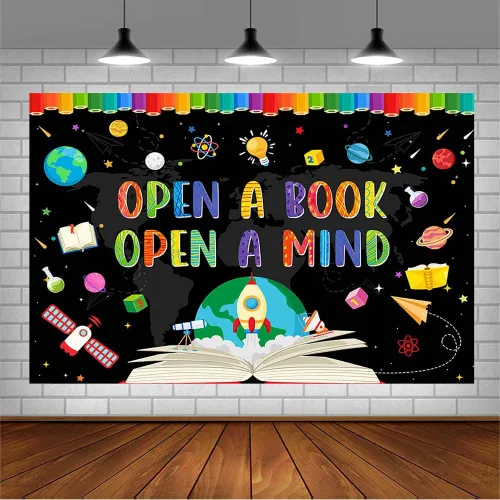 Vista 3 de AIBIIN Telón de fondo para fotografía del Día Mundial del Libro de 7 x 5 pies para fotografía Abrir un libro Abrir una mente Niños Estudiantes Aula