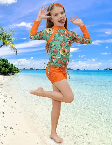 Vista 5 de GRACE KARIN Traje de baño para niñas, de manga larga, conjunto de 2 piezas, 6-12 años, Limón