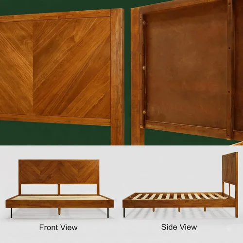 Vista 8 de Acacia Alander - Marco de cama de madera maciza con cabecera de cheurón Caramelo.