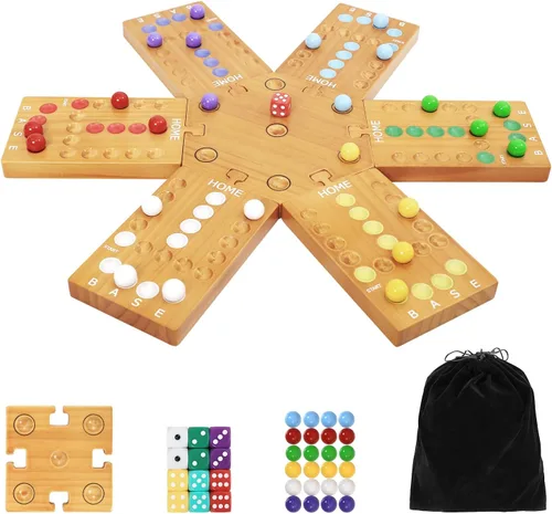 Vista 8 de Juego de mesa de mármol, juego de mesa de madera para 4 y 6 jugadores, juego de mármol original portátil con 24 canicas, 12 dados para familiares