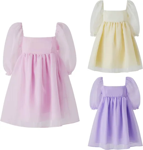 Vista 7 de Mini vestido de manga abombada para mujer, cuello cuadrado, manga de burbujas, tul babydoll de tul corto para fiesta de graduación