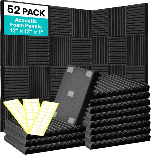Vista 11 de Paquete de 52 paneles de espuma acústica de 1 x 12 x 12 pulgadas, paneles de pared de espuma acústica de absorción de sonido (negro/azul)