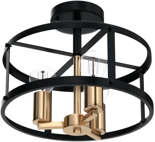 Vista 4 de AGV LIGHTING Lámpara de techo semiempotrada de granja, 3 luces cerca del techo, acabado dorado brillante y negro mate