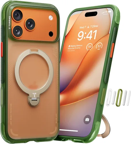 Vista 13 de TORRAS Ostand Q3 Air - Funda para iPhone 17 Pro con soporte magnético de 360°, compatible con MagSafe, probada contra caídas de grado mil, botón
