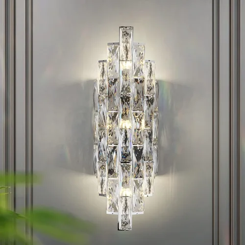 Vista 8 de Aplique de pared de cristal cromado de 6 capas, elegante y moderno, adecuado para baño, escalera, cocina, sala de estar, dormitorio, pasillo, 60 W