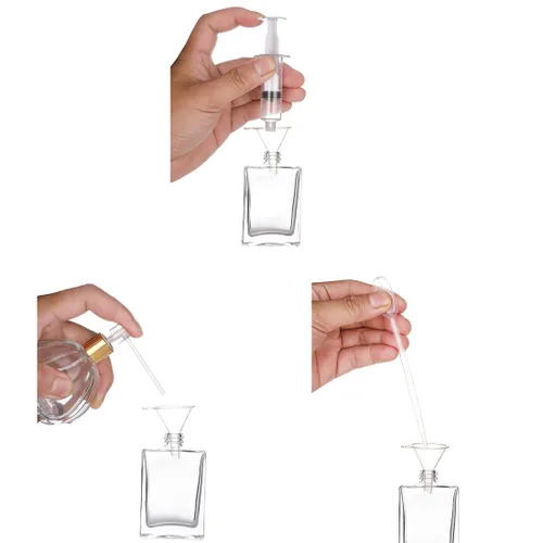 Vista 5 de Paquete de 6 botellas de perfume recargables de 1.0 fl oz / 1 onza, botella de perfume de vidrio vacía cuadrada portátil con 4 tipos de paquete de 3