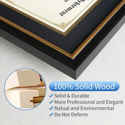 Vista 3 de Marco de diploma de 11 x 14 grados, madera maciza, vidrio inastillable para documentos, marco dorado negro de 8.5 x 11 pulgadas con paspartú