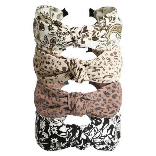 Vista 5 de Jseng 4 diademas anudadas hechas a mano de tela de leopardo con nudo en la parte superior de la cruz, bandas elásticas para el pelo para mujeres