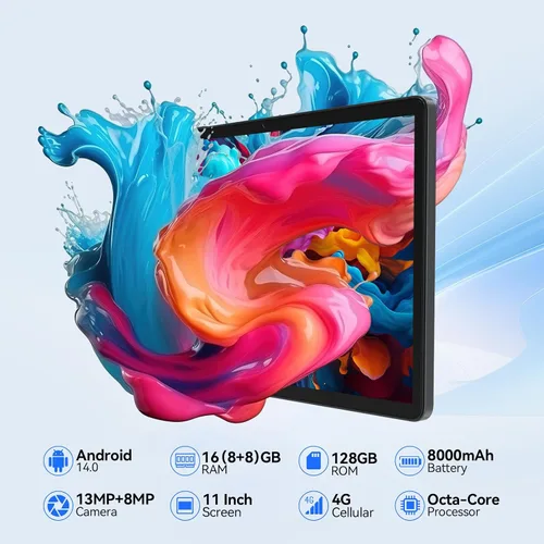 Vista 2 de Tablet Android 14 2025, tabletas de 11 pulgadas con celular dual 4G, 128 GB+16 (8+8 expandir) GB, procesador Octa-Core con cámaras HD duales de 13