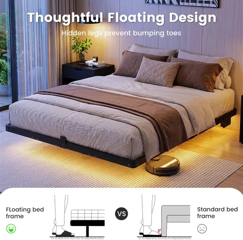 Vista 4 de Liians Marco de cama flotante moderno de tamaño completo con luces LED inteligentes, estación de carga USB, plataforma de metal resistente,