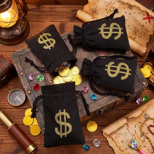 Vista 6 de Boao 24 Canvas Money Bag Pouch Dollar Sign Prop Money Bag Game, Black