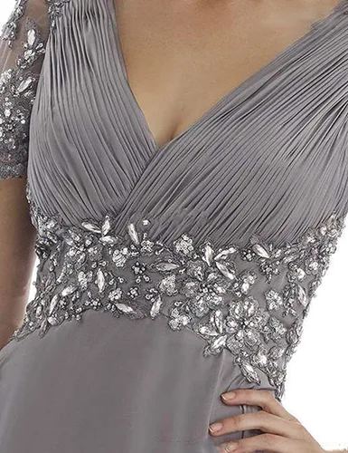 Vista 2 de Vestidos de madre de la novia con cuello en V, plisados, manga corta, con cuentas, vestidos largos de fiesta de noche