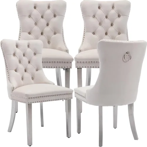 Vista 59 de Juego de 2 Sillas de Comedor Modernas de Mediados de Siglo, Tapizadas en Terciopelo Beige con Respaldo Acolchado, Sillas de Cocina y Comedor, Patas