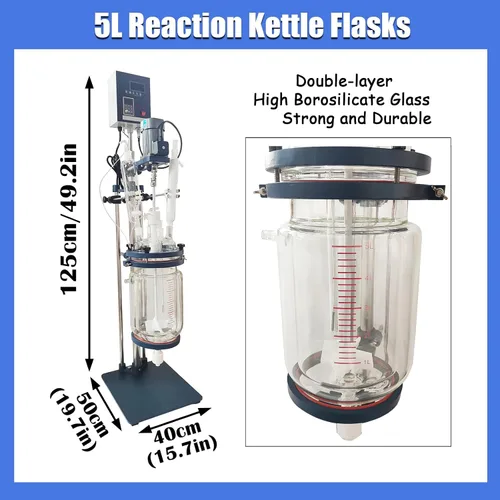 Vista 2 de Reactor de vidrio con camisa de doble capa de 5L - Recipiente de reacción química de laboratorio de 220 V con pantalla digital, velocidad continua