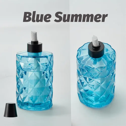 Vista 2 de Paquete de 4 linternas de mesa de cristal azul con mecha y tapa, linternas de citronela al aire libre, linterna de llama recargable, linterna