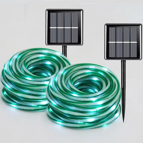 Vista 21 de QITONG Paquete de 2 luces solares verdes, cada cadena de 100 luces LED de 33 pies para exteriores, 8 modos de luces de hadas en tubo de PVC