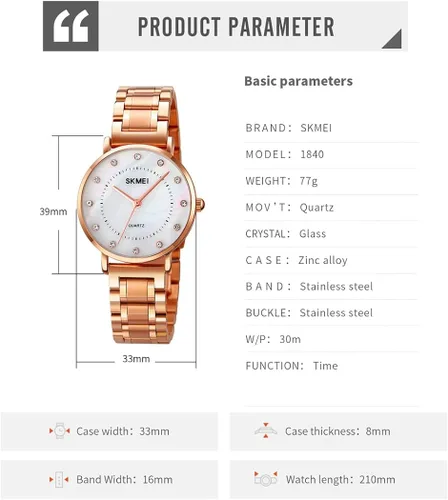 Vista 6 de SKMEI Women Watches Diamond Big Face Thin Slim Stainless Luxury Fashion Analog Quartz Waterproof Dress Casual Simple Ladies Female Rose Gold