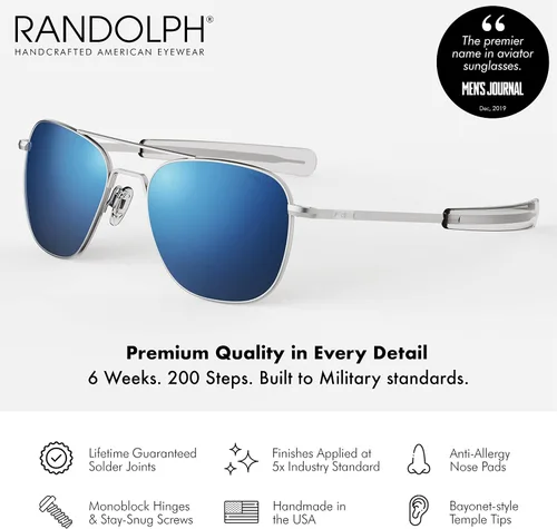Vista 3 de Randolph USA - Lentes de sol de aviador para hombre o mujer cromo mate clásicos polarizados y no polarizados con protección UV