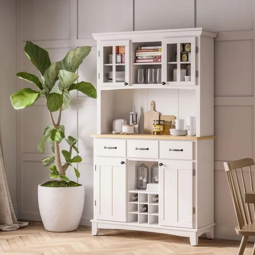 Vista 2 de Homestyles Buffet de Buffets Servidor Blanco Roto con Hutch y Tapa de Madera Natural