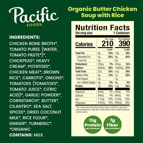 Vista 2 de Pacific Foods Sopa orgánica de pollo con mantequilla con arroz, lata de 16.3 onzas