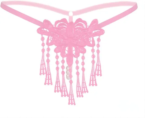 Vista 5 de Tangas de encaje sexy con borlas de perlas para mujer, ropa interior de tiro bajo con espalda en T
