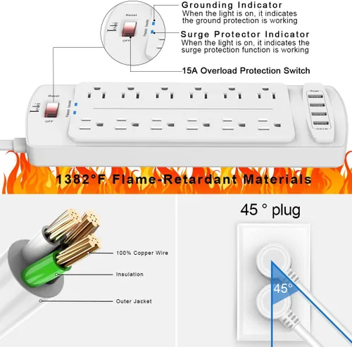 Vista 6 de Tcstei - Protector de sobretensiones con 12 salidas y 4 puertos USB, cable de extensión de 6 pies para el hogar, oficina, artículos esenciales