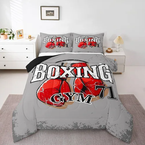 Vista 3 de Juego de edredón de boxeo, juego de ropa de cama con temática deportiva de gimnasio para niños, adultos, hombres, patrón de guantes de boxeo rojos