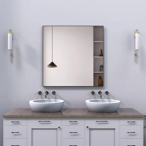 Vista 27 de Espejo de pared con estante para baño, 28 x 18 pulgadas, marco negro, espejos de pared para colgar horizontal o vertical, espejos modernos de pared