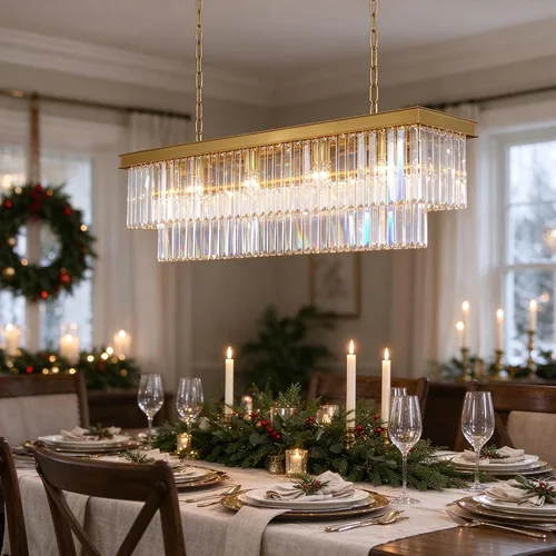 Vista 10 de Lámpara de Araña Moderna de Cristal K9, Luminaria Colgante de Techo Rectangular con 8 Luces para Comedor y Cocina, Acabado en Cromo, L33.5 Pulgadas