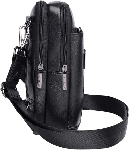 Vista 3 de Hebetag Bolso bandolera de cuero pequeño para hombres y mujeres, para viajes al aire libre, negocios