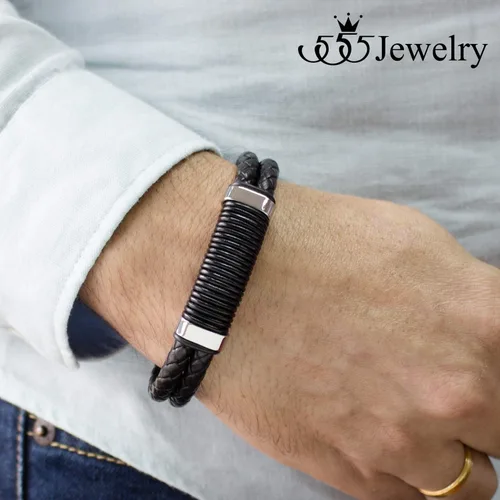 Vista 2 de 555Jewelry Pulsera de bloqueo de diapositivas de cuero trenzado doble de acero inoxidable